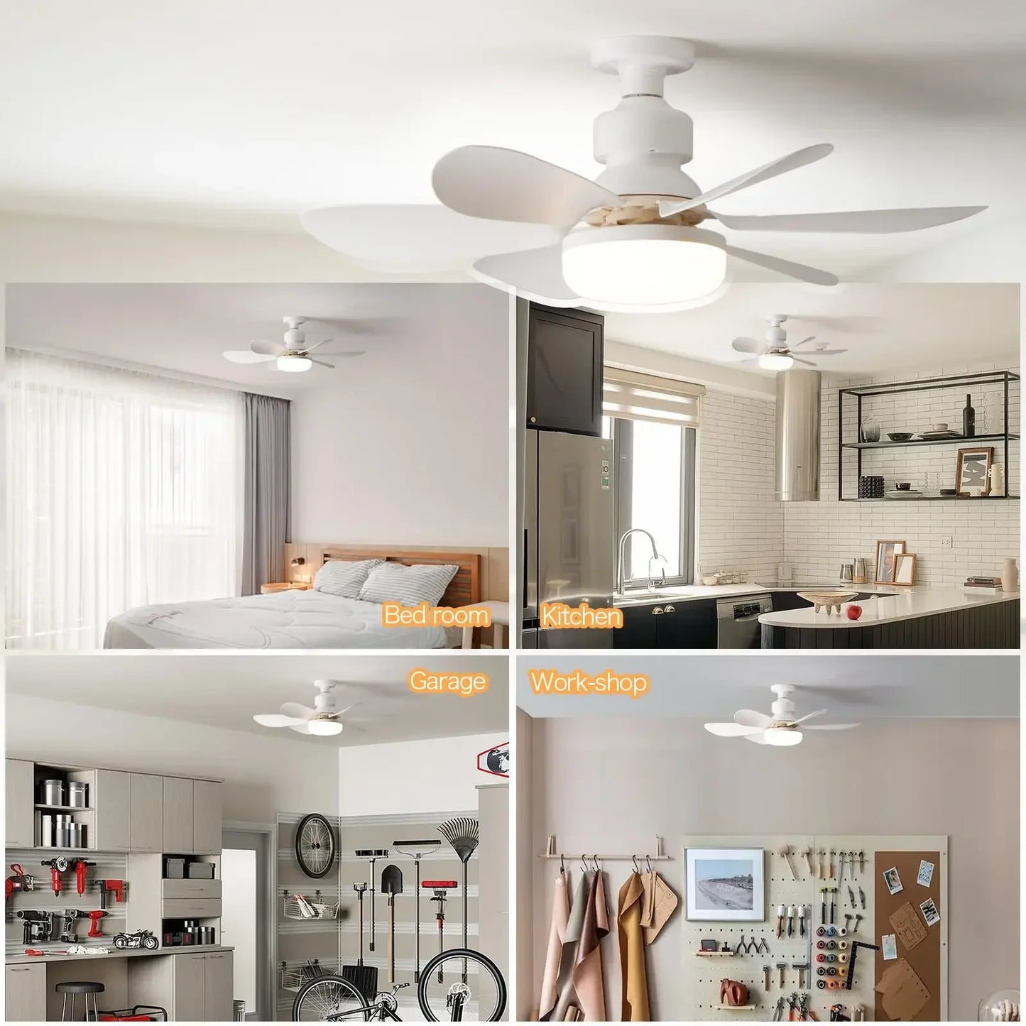 Ventilateur de plafond LED 40W E27 avec télécommande pour variation de luminosité.