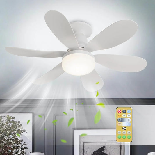 Ventilateur de plafond LED 40W E27 avec télécommande pour variation de luminosité.