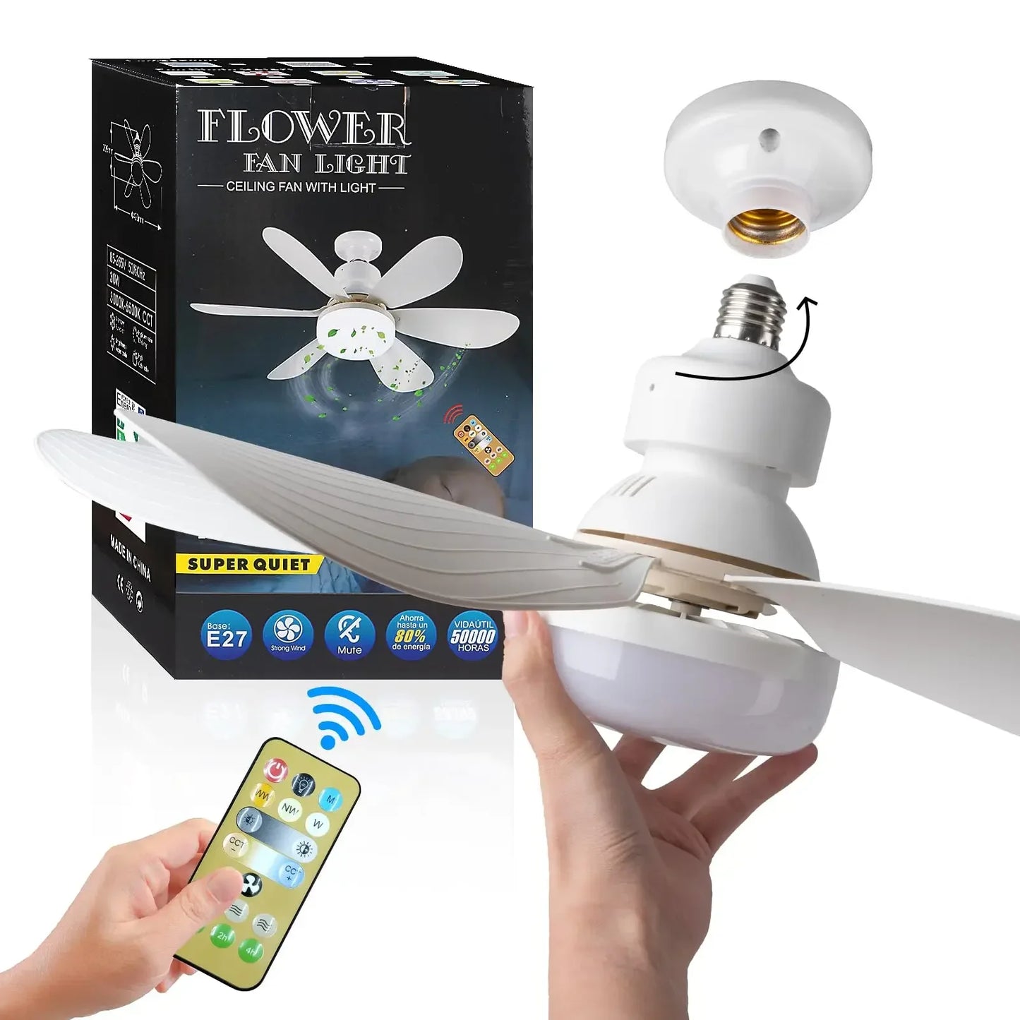 Ventilateur de plafond LED 40W E27 avec télécommande pour variation de luminosité.