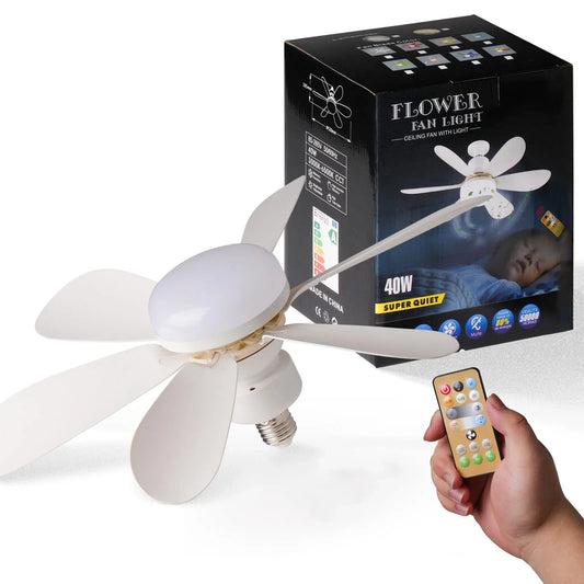 Ventilateur de plafond LED 40W E27 avec télécommande pour variation de luminosité.